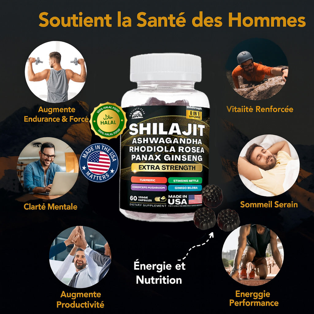 Gummies Shilajit 8 en 1 – la Vitalité Masculine, Immunité & Testostérone Naturelle