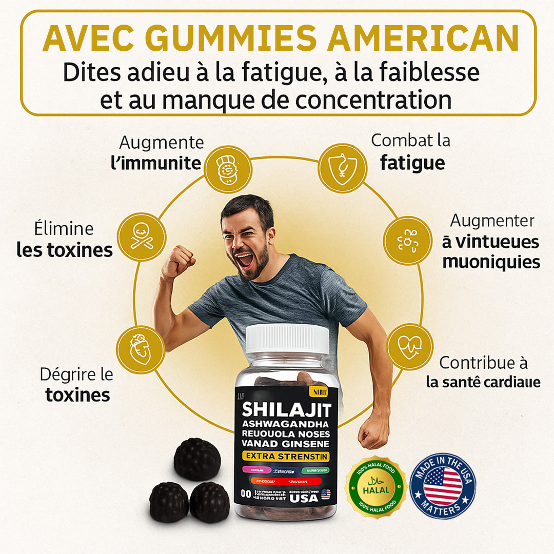 Gummies Shilajit 8 en 1 – la Vitalité Masculine, Immunité & Testostérone Naturelle