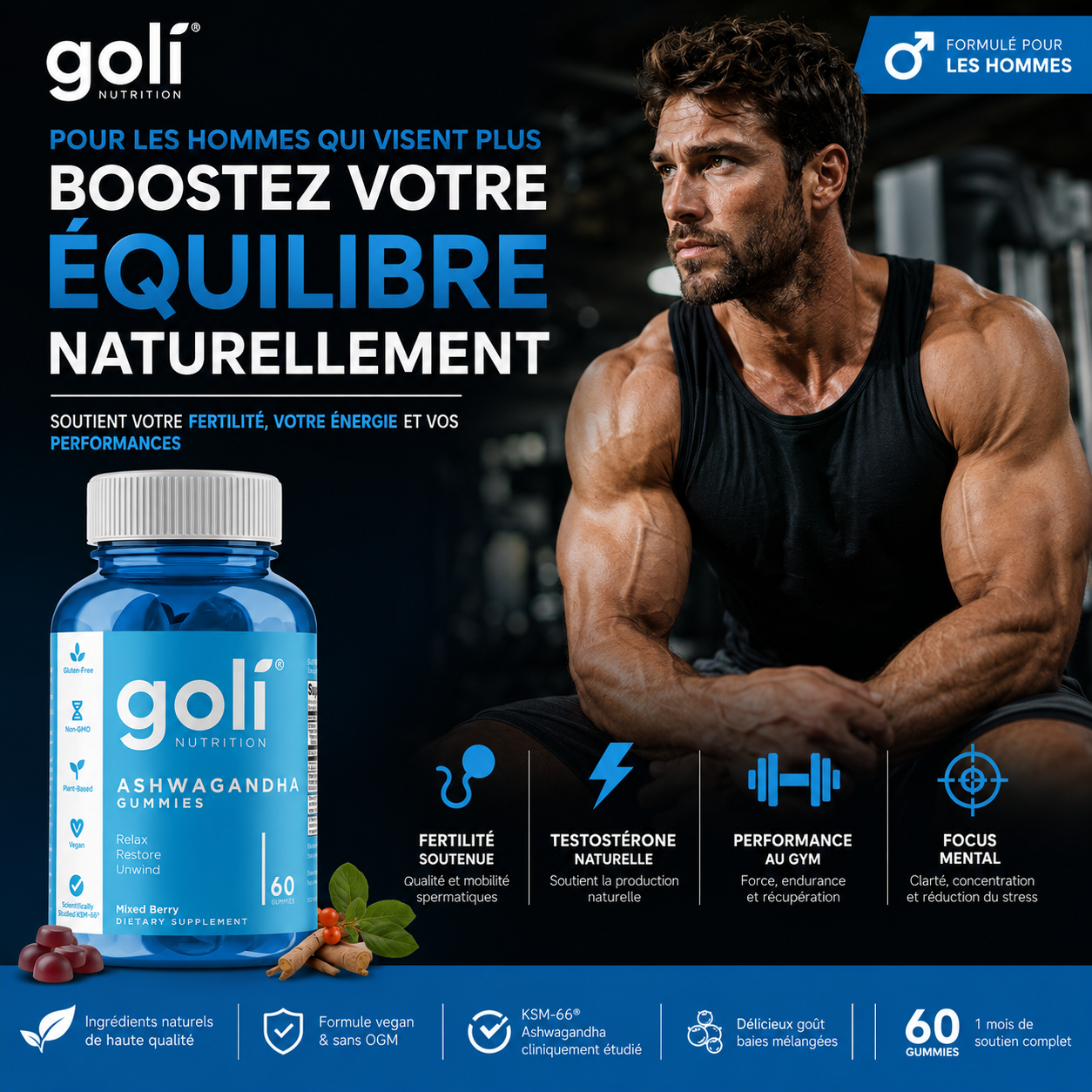 Goli Ashwagandha pour une vitalité masculine au quotidien.